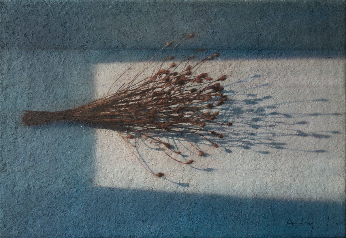 Photorealistic Still Life Acrylic Painting By Andrejs Ko, 32 X 22, The Sunset And Dried Bouquet, Original Artwork