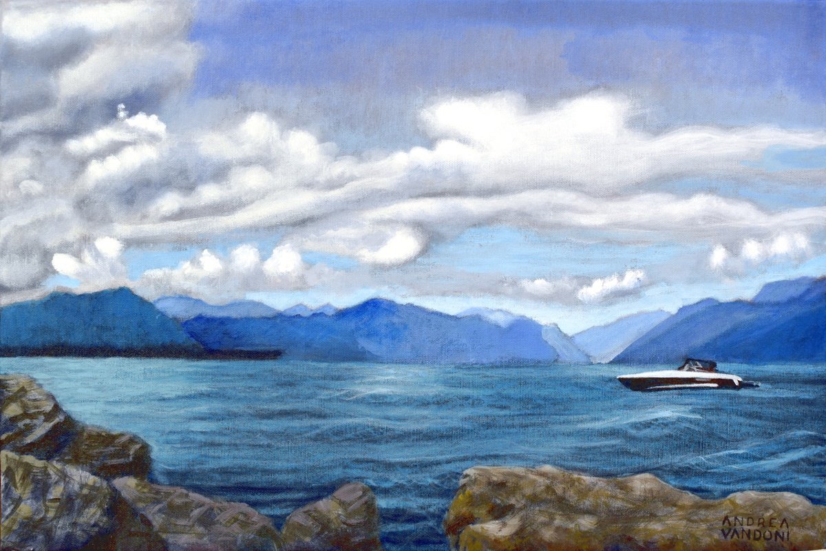 Photorealistic Landscape Acrylic Painting By Andrea Vandoni, 24 X 16, Lake Garda, Original Artwork