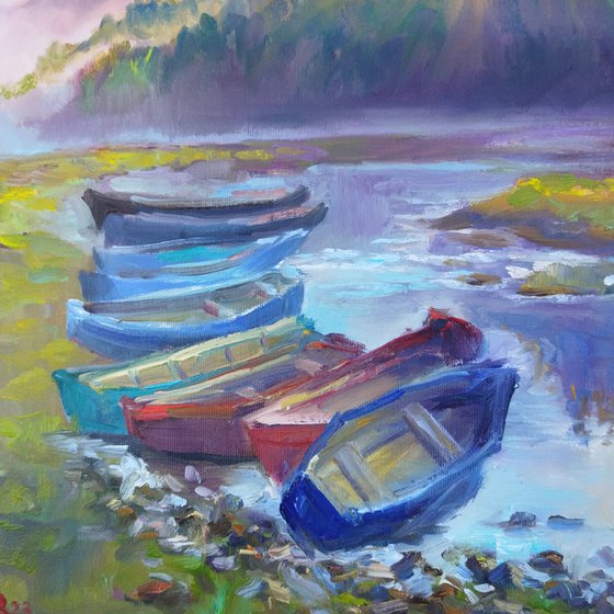 Fishing boats, river landscape