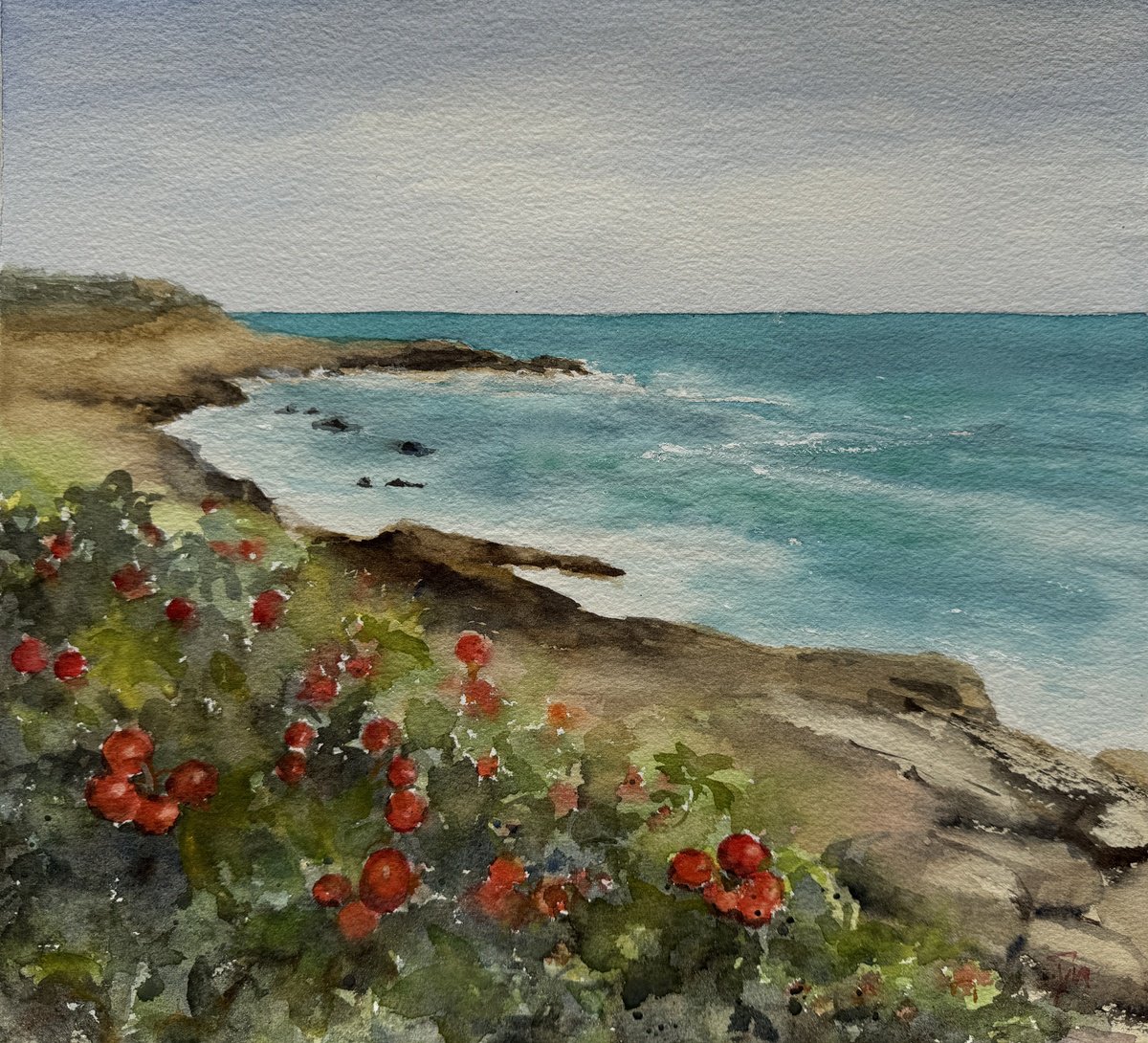 Impressionistic Landscape Watercolour By Shelly Du, 13 X 11", Rhode Island Coastline, Original Artwork