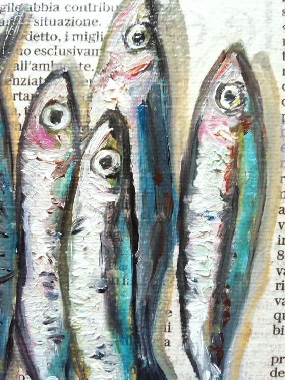 "Small Fishes on Newspaper" Original Oil on Canvas Board Painting 6 by 6 inches (15x15 cm)