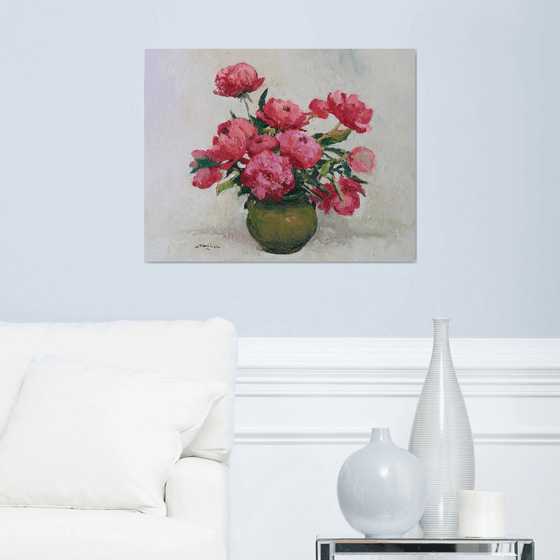 Peonies in Olive Green Vase