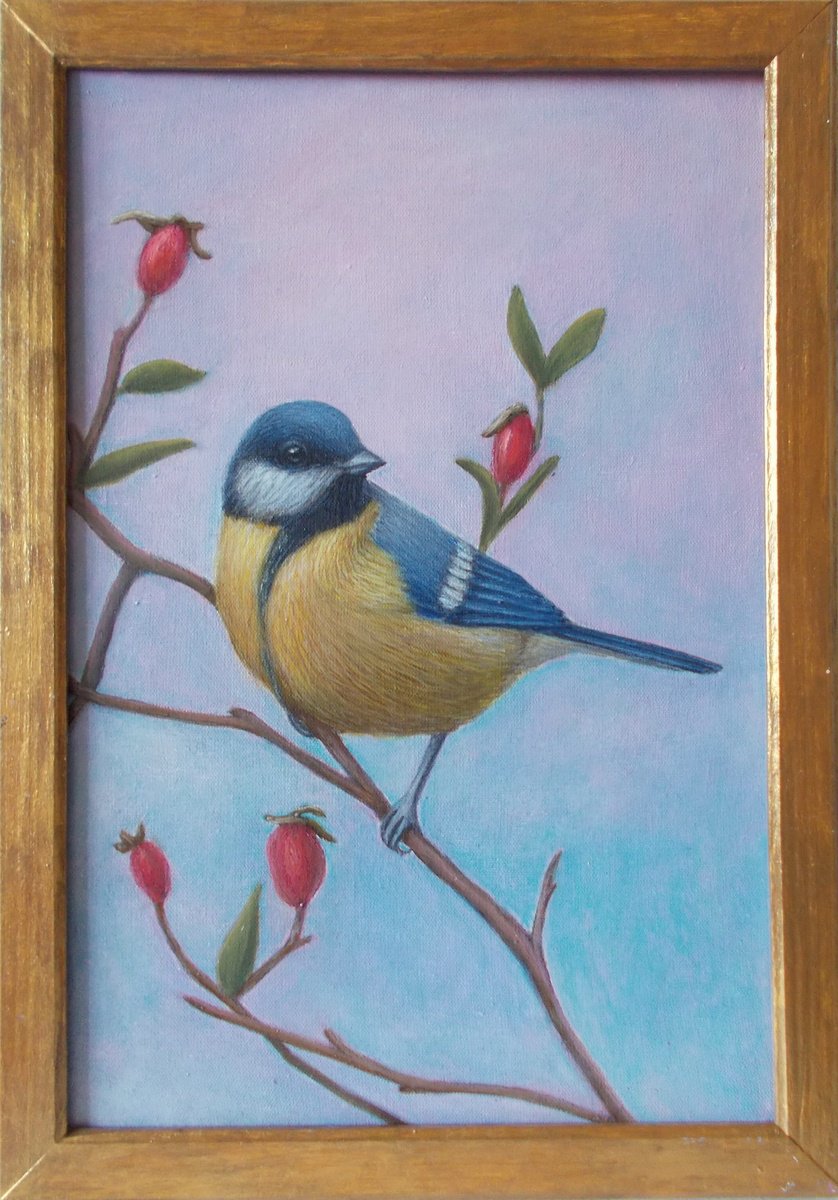 bird painting Tit and Rosehip by Tatyana Mironova