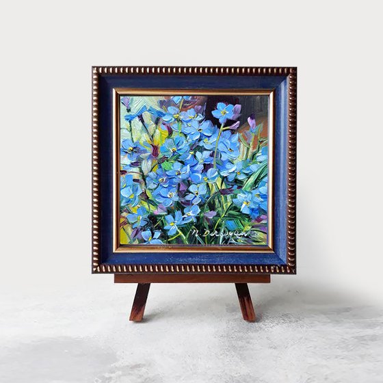 Blue flowers oil painting original Forget-me-not, Small painting framed