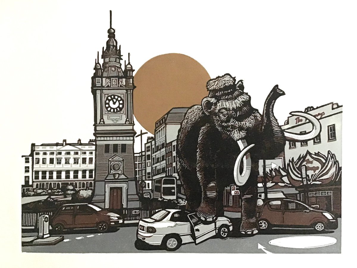 Margate Mammoth linocut (5 colour version) by Ieuan Edwards
