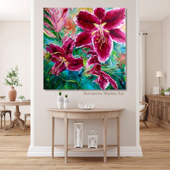 LUXURIOUS INFLORESCENCES OF LILIES - Bright landscape. Large buds. Pink lilies. Floral abstraction. Macro flowers. Blooming. Graceful.