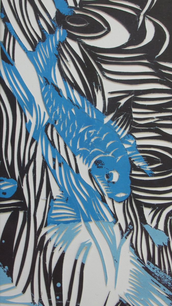 Illustrative Animal Print By Alfred Ng, 5 X 17, Koi Screen Print With Paper Cut, Original Artwork