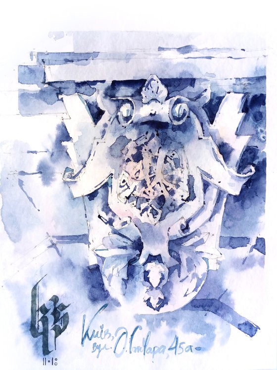 Modern architectural still life "Architectural detail coat of arms on the building. Sketch in blue tones"  original watercolor