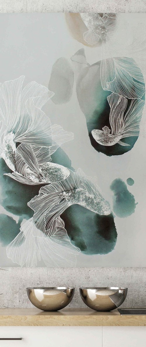 "Immensity" Abstract teal silver fish art by Yana Sagan