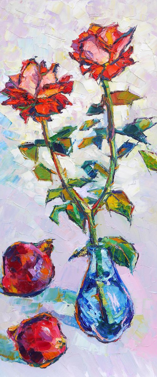 Pomegranates and roses ( palette knife original oil painting ) by Dima Braga