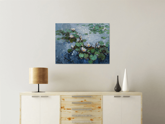 White Water Lilies in pond -  Original Oil painting