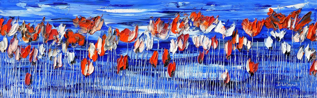 Impressionistic Botanical Oil Painting By Daniel Urbani?k, 24 X 8, Poppies On Blue Sky 2, Original Artwork