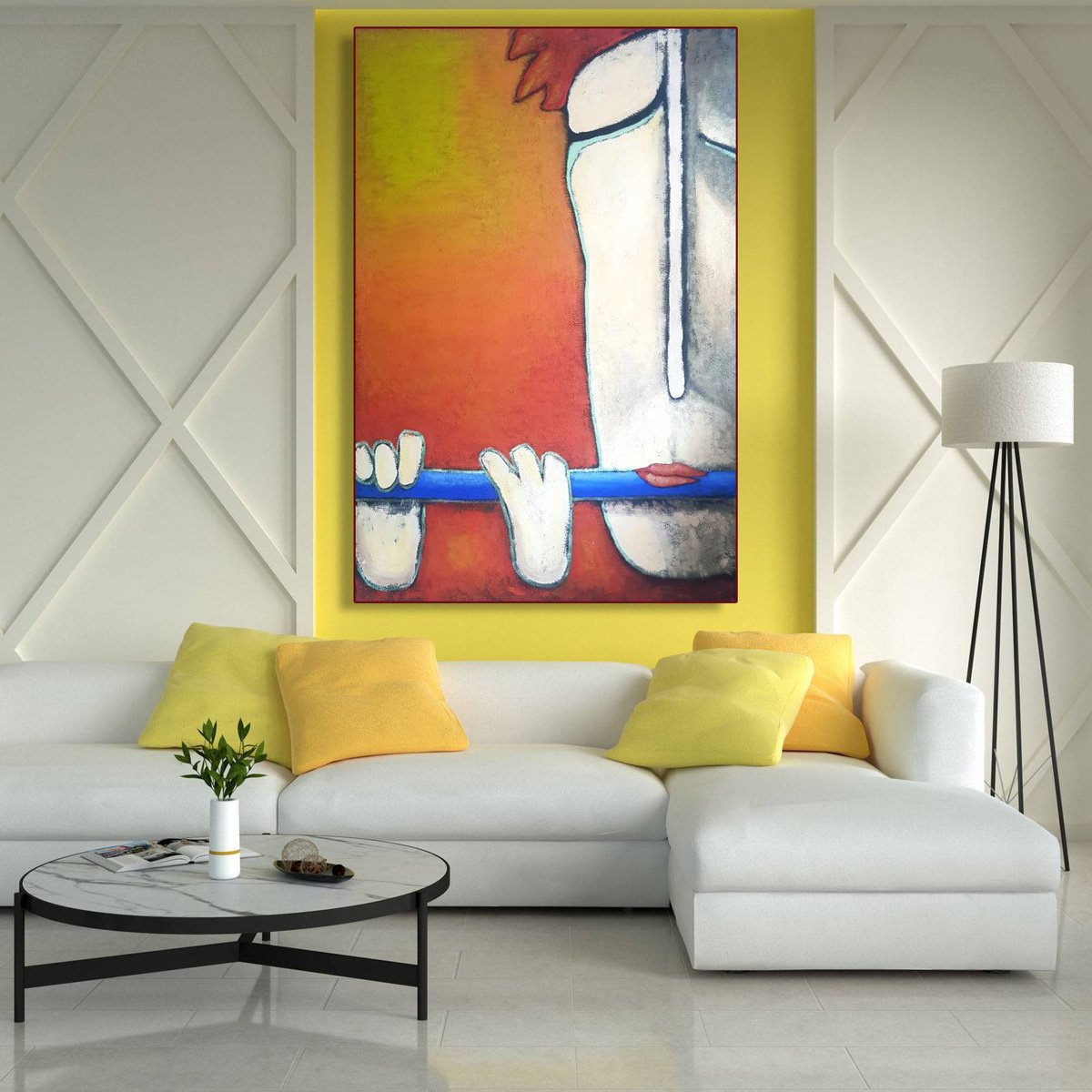 Naive Portrait Acrylic Painting By Zhana Viel, 39 X 59", Fluit Musiek X, Original Artwork