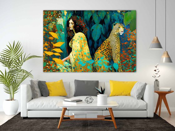 Woman and leopard in the jungle. Large female portrait wall home decor. Art Gift