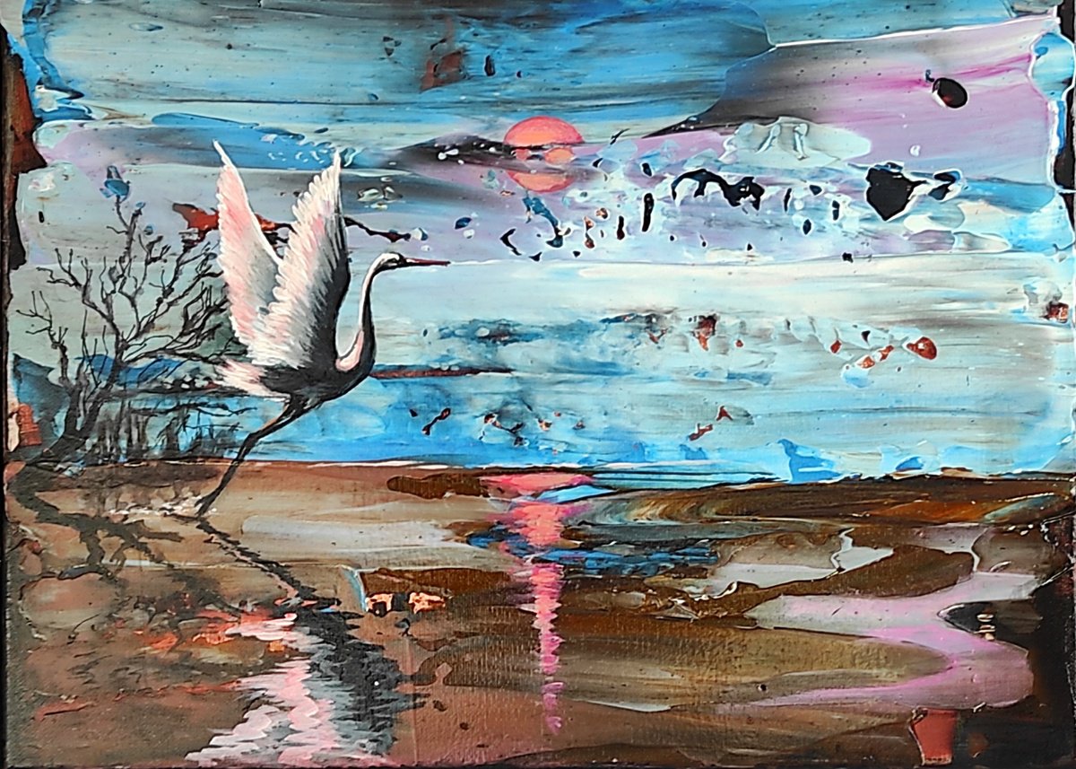 Expressive Animal Acrylic Painting By Elena Kraft, 16 X 12, Soaring Into The Sunset, Original Artwork