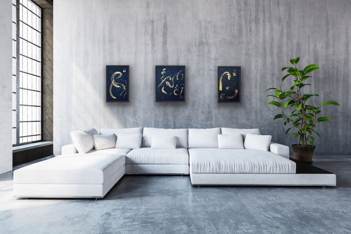 Abstract Watercolour By Tetiana Kovalova, 39 X 20", Triptych "The Spirit Of Wind", Original Artwork