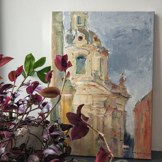 Temple on Piazza Venezia, Rome. Roman Holiday series. Original plein air oil painting .