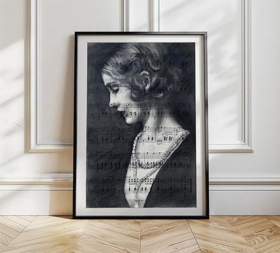 Woman's Portrait on Vintage Sheet Music