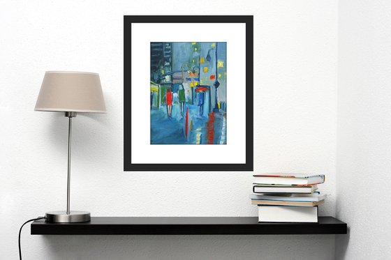 GIRLS CITY RAIN LIGHTS. Original Female Figurative Oil Painting. Varnished.