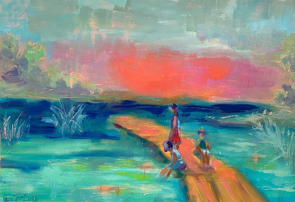 Expressive Landscape Oil Painting By Mara Wanda, 17 X 12", By The Lake, Original Artwork