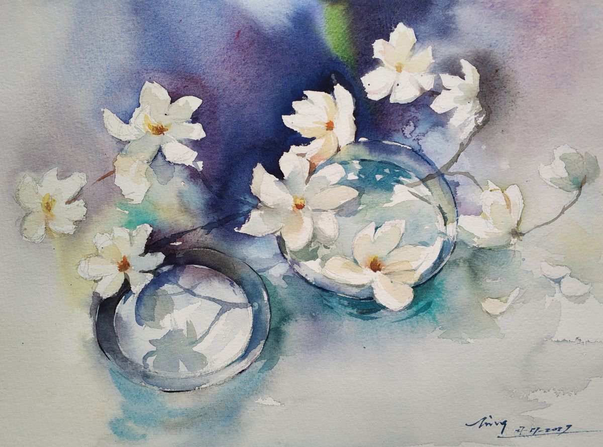 Impressionistic Botanical Watercolour By Jing Chen, 15 X 11, On The Water, Original Artwork