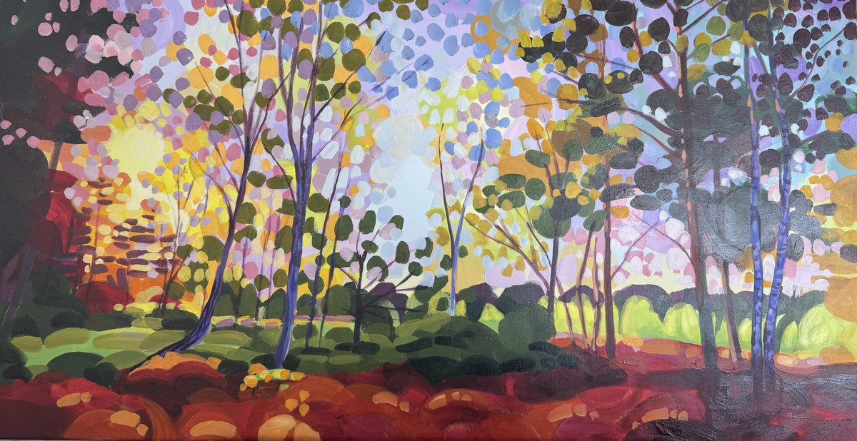 Impressionistic Landscape Acrylic Painting By Hannah Bruce, 38 X 20, Bursts Of Light And Leaves, Original Artwork