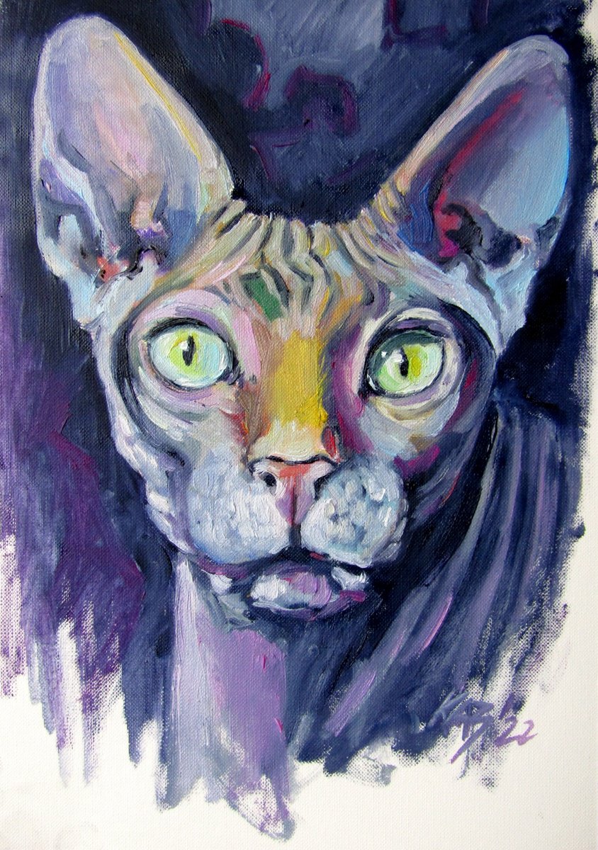 Impressionistic Animal Oil Painting By Kovacs Anna Brigitta, 8 X 12", Sphynx Cat, Original Artwork