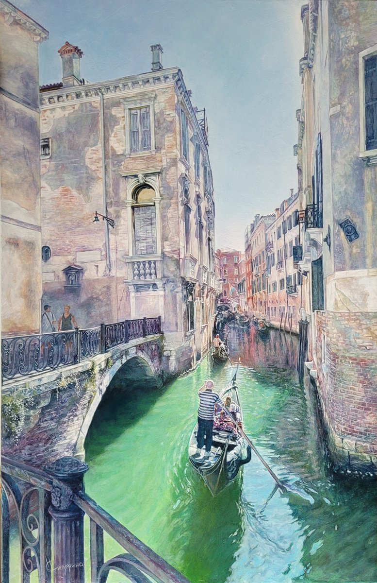 Impressionistic Landscape Oil Painting By Natalia Sidorina, 22 X 33", Venice In Green, Episode 3, Original Artwork