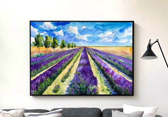 Lavender Original Watercolor Painting, Large Landscape Artwork, Purple Wall Art, France Picture