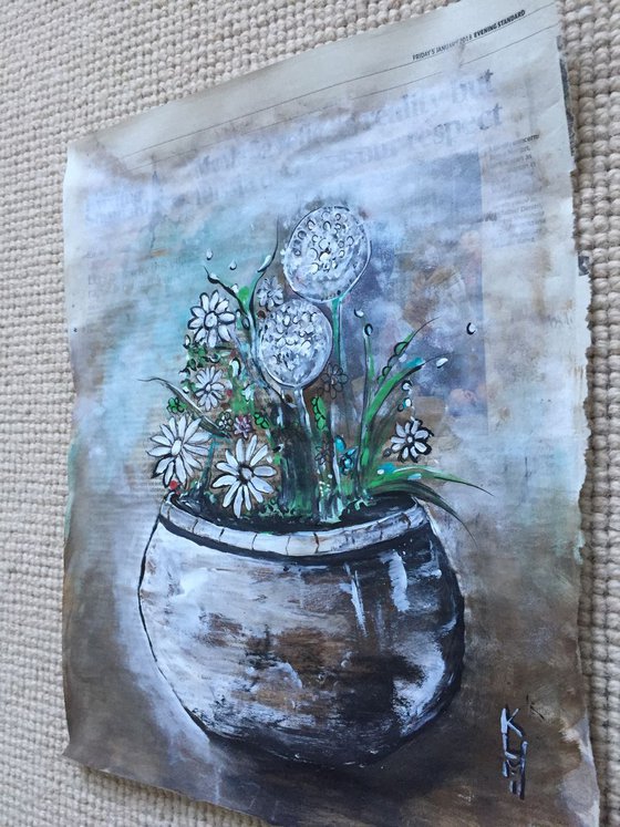 Pot Flowers II Acrylic on Newspaper Nature Art Flower Painting of Colour Floral Art 37x29cm Gift Ideas Original Art Modern Art Contemporary Painting Abstract Art For Sale Buy Original Art Free Shipping