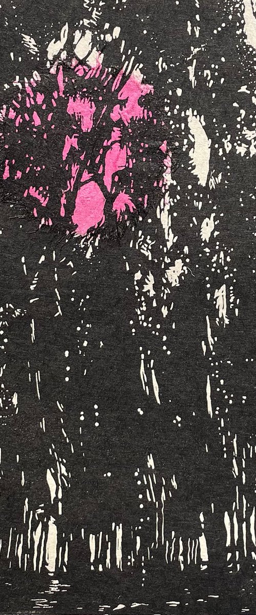 Through the Trees Linocut Print with chine collee by C Staunton