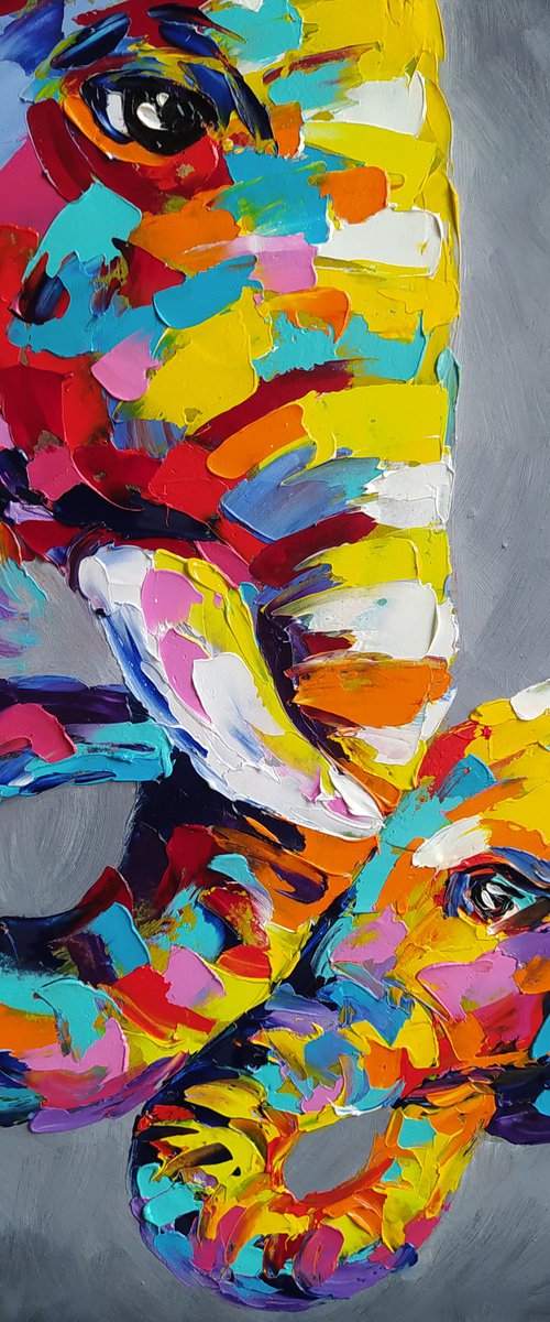 Mother - elephants, mother, elephant, mother's love, Africa, love, animals, gift for mother, oil painting, Impressionism, palette knife, gift. by Anastasia Kozorez