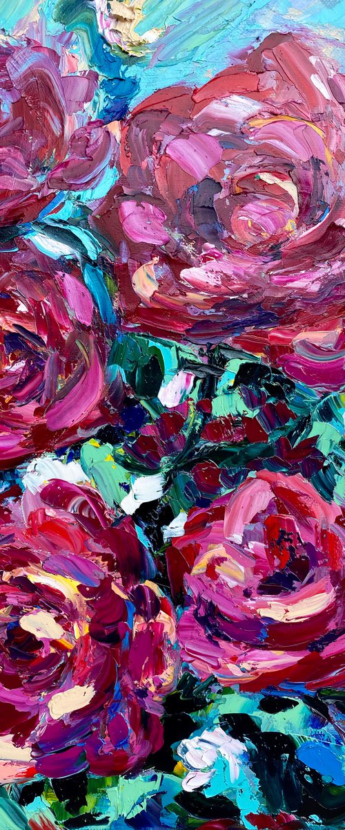 Roses - The burst of pink, 35*45cm, impressionistic flowers oil painting in pink and turquoise by Olga Blazhko