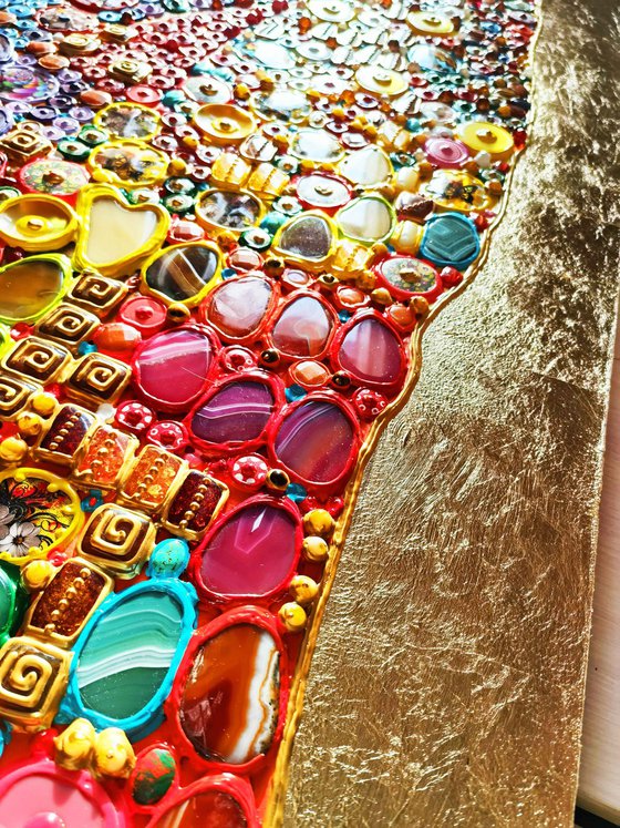 Summer in Spain - Abstract wall sculpture from precious stones. Colorful mosaic art