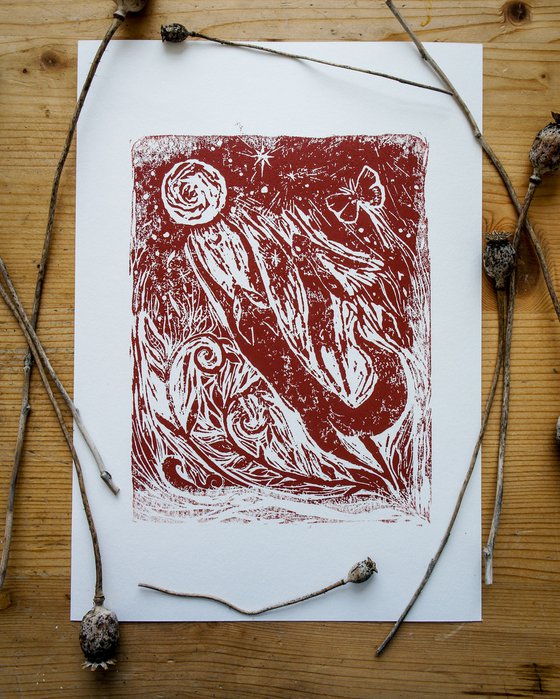 Fly To The Moon, Linocut Print
