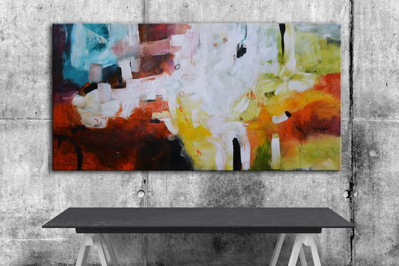 Talking in the Air - Original blue, orange and white long abstract painting