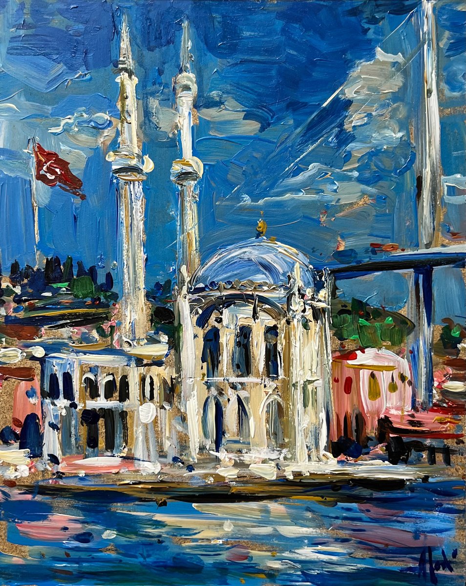 Impressionistic Landscape Acrylic Painting By Altin Furxhi, 10 X 12, Ortakoy On Bosphorus Istanbul, Original Artwork