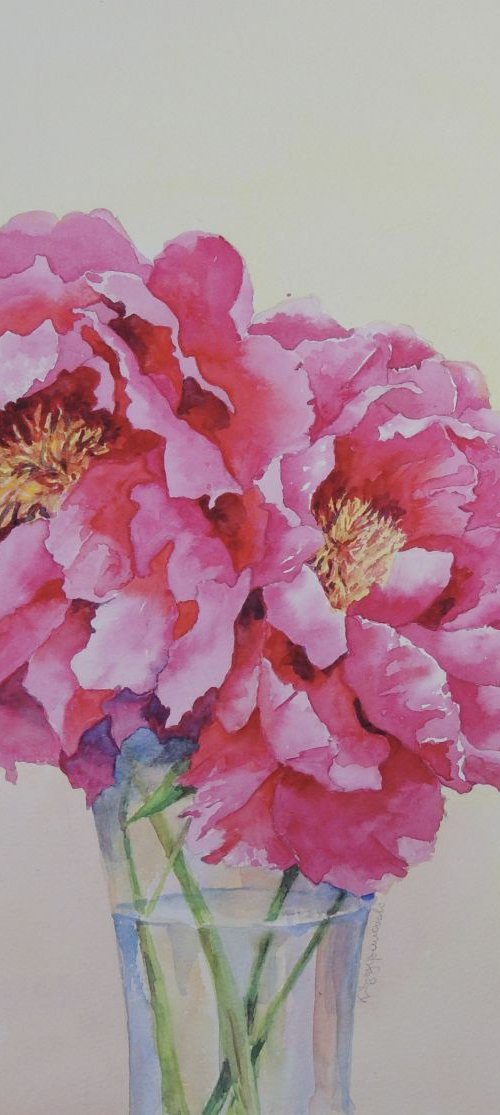 Peonies in a vase by Krystyna Szczepanowski