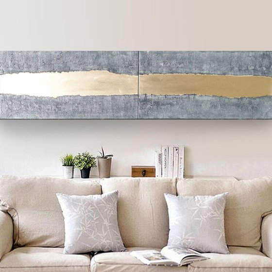 steel gold stripe painting A244 Vertical long  50x200x2cm decor  original abstract art Large paintings stretched canvas acrylic art industrial metallic textured wall art