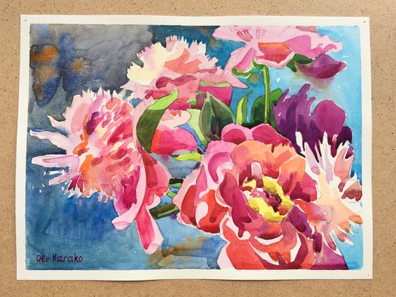 Pink and red watercolor peonies