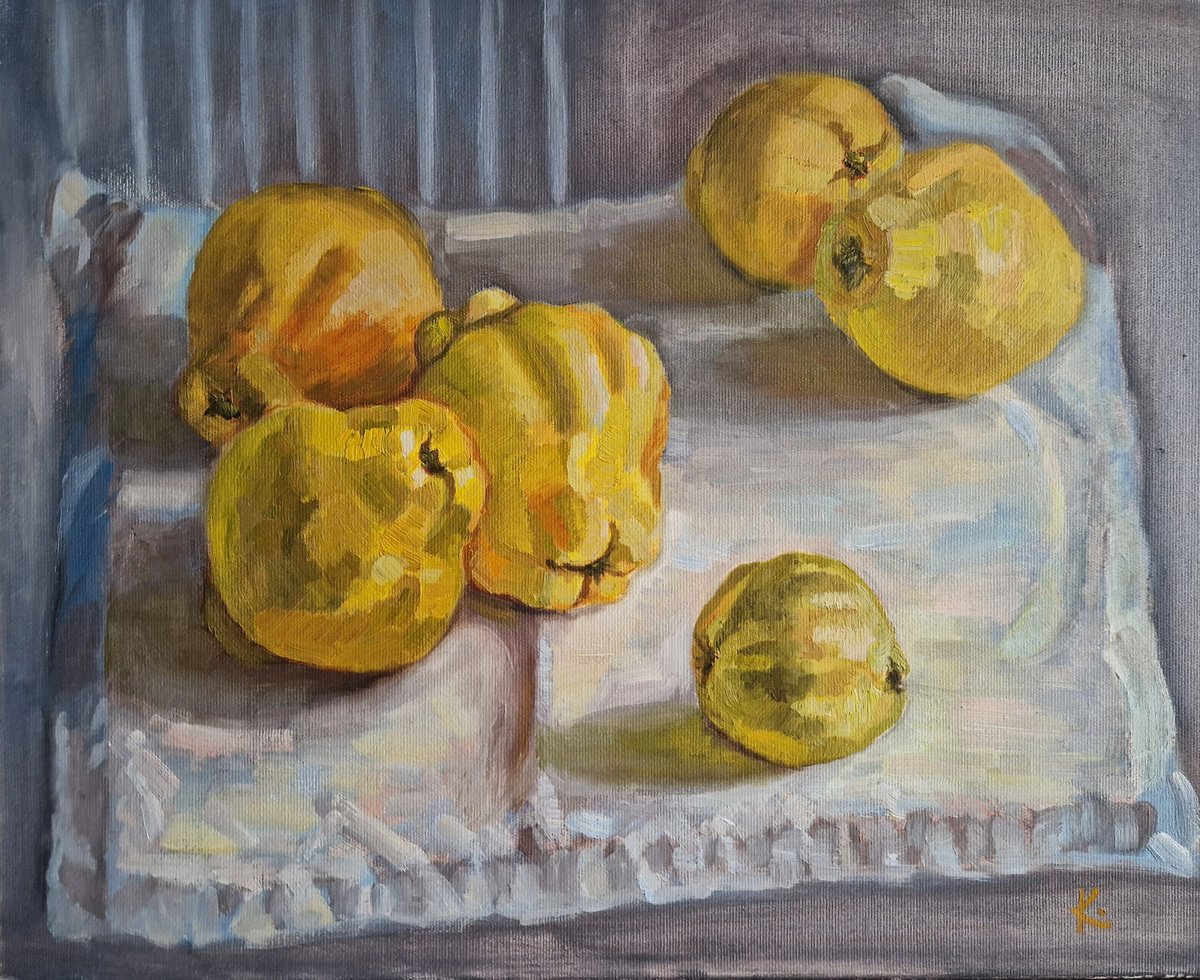 Impressionistic Still Life Oil Painting By Olena Kolotova, 20 X 16", Still-Life With Fruits "Quinces", Original Artwork