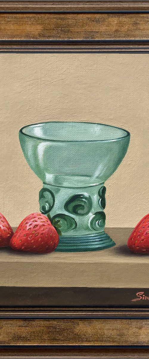 Strawberries with old glass  (20x20cm, oil on canvas, framed) by Gevorg Sinanian