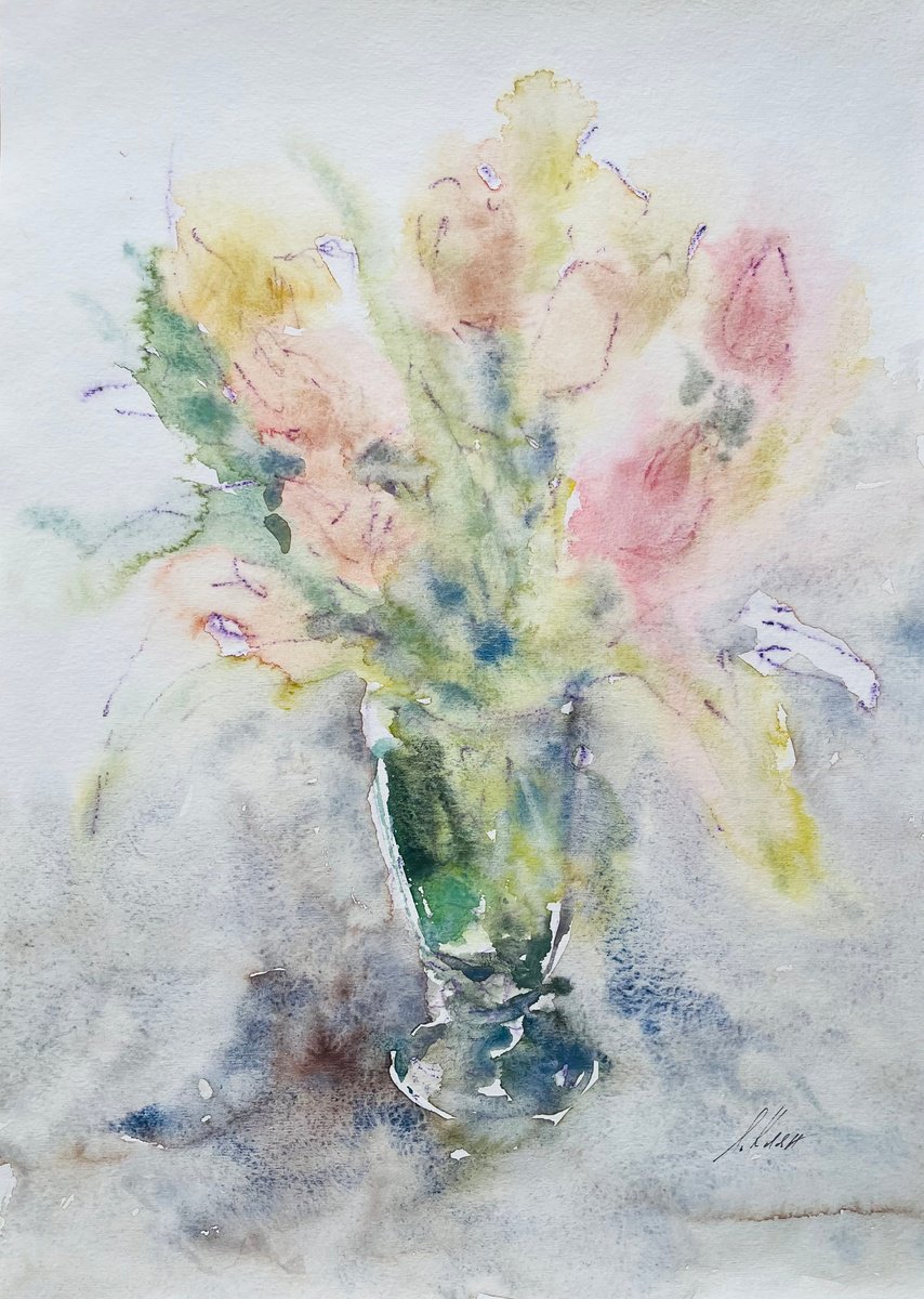 Impressionistic Still Life Watercolour By Elena Klyan, 12 X 17, Tulips 4 2023, Original Artwork