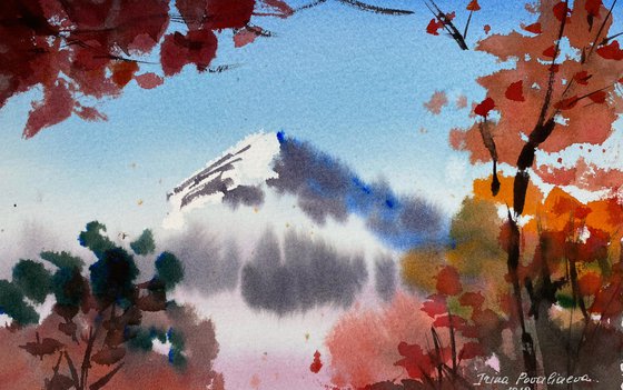 Autumn  Fujiyama original art work, blue sky and  red tree in small painting
