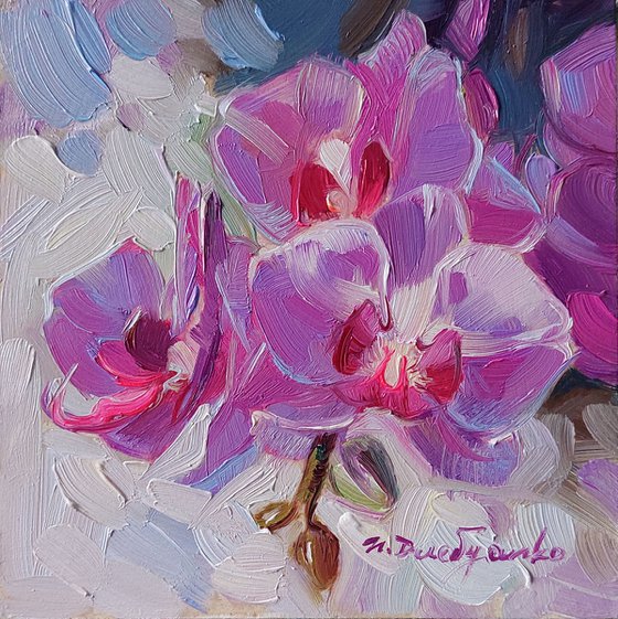 Orchid painting lavander floral wall art original 4x4, Small art Framed floral painting Mom gift