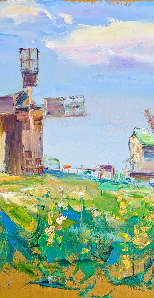 Mills in the tall grass . Summer day .  Original oil painting by Helen Shukina