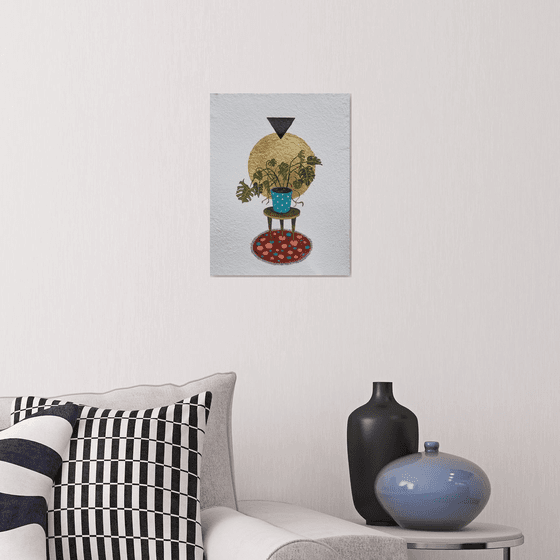 Plants lover's interior - original painting with gold potal on handmade paper