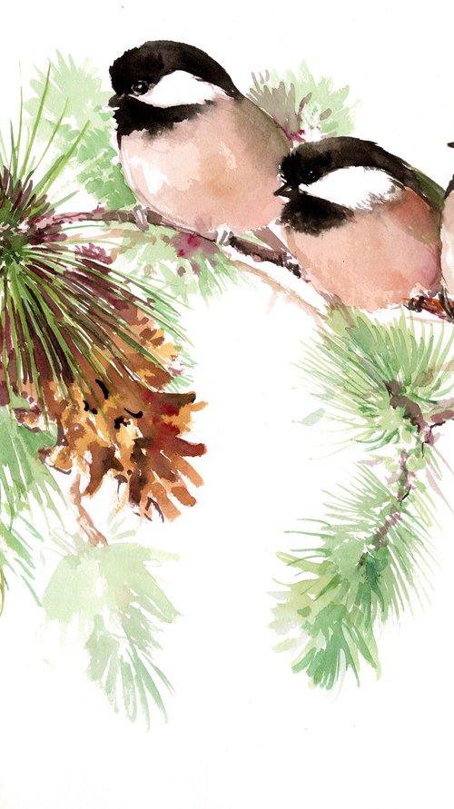 Three Chickadees on the Pine by Suren Nersisyan