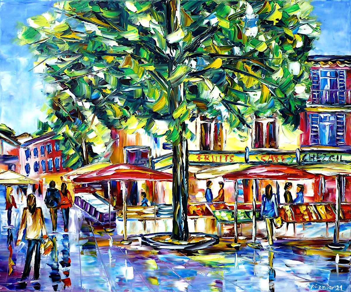 Expressive Cityscapes Oil Painting By Mirek Kuzniar, 24 X 20", Market In Sainte-Maxime, Original Artwork