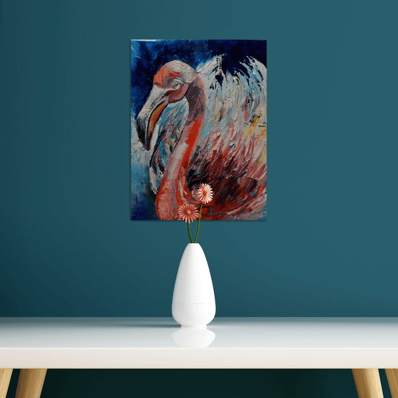 Swan. Colorful original oil painting. Palette knife, heavy tecstured bright art.